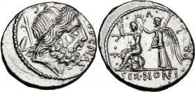 M. Nonius Sufenas. AR Denarius, 59 BC. Obv. Head of Saturn right; before, SVFENAS; behind, harpa, conical stone and SC. Rev. PR. L. V. P. F. Roma seat...