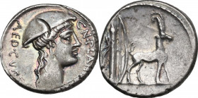 Cn. Plancius. AR Denarius, 55 BC. Obv. CN. PLAN[CIVS] AED. CVR. S.C. Head of Diana Planciana right, wearing petasus. Rev. Cretan goat right; behind, b...