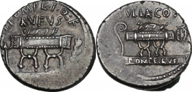 Q. Pompeius Rufus. AR Denarius, 54 BC. Obv. Curule chair flanked by arrow and laurel-branch; above, Q. POMPEI. Q. F RVFVS; below, [COS on raised table...