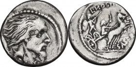 L. Hostilius Saserna. AR Denarius, 48 BC. Obv. Bearded bust of Gallic enemy with flowing hair ("Vercingetorix"); Gaulish shield behind. Rev. L HOSTILI...