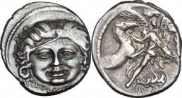 L. Plautius Plancus. AR Denarius, 47 BC. Obv. Head of Medusa facing, with coiled snake on either side; below, L. PLAVTIVS. Rev. Victory facing, holdin...