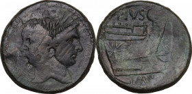 Sextus Pompeius Magnus Pius. AE As, c. 42-38 BC. Sicily. Obv. MGN. Laureate Janiform head of Pompey the Great. Rev. PIVS. Prow right; below, IMP. Cr. ...