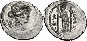 P. Clodius M.f. Turrinus. AR Denarius, 42 BC. Obv. Laureate head of Apollo right; behind, lyre. Rev. P. CLODIVS - M.F. Diana standing right, with bow ...