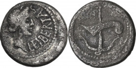 Brutus. Quinarius, 43-42 BC. Obv. LEIBERTAS. Head of Liberty right. Rev. Prow-stem and anchor in saltire. Cr. 505/3; B. (Iunia) 33. AR. 1.46 g. 13.00 ...