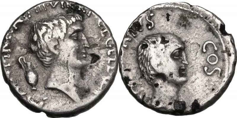 Mark Antony and Lucius Antony. Fourrèe Denarius, 41 BC. Obv. M ANT IMP AVG III V...
