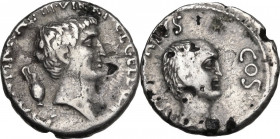 Mark Antony and Lucius Antony. Fourrèe Denarius, 41 BC. Obv. M ANT IMP AVG III VIR R P C M NERVA PROQ P. Bare head of Mark Antony right; capis behind....