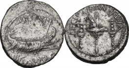 Mark Antony. AR Denarius, mint moving with M. Antony 32-31 BC. Obv. ANT AVG - III VIR R P C. Galley right with sceptre tied with fillet on prow. Rev. ...