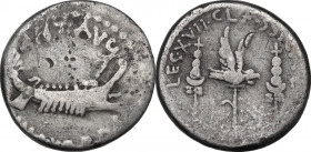 Mark Antony. AR Denarius, autumn 32-spring 31 BC. Legionary issue. Patrae(?) mint. Obv. ANT AVG [III VIR R P C] Praetorian galley right. Rev. LEG XVII...