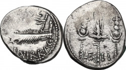 Mark Antony. AR Denarius, 32-31 BC. Obv. [ANT. AV]G III VIR. R. P. C. Praetorian galley right. Rev. LEG II. Legionary eagle between two standards. Cr....