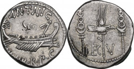 Mark Antony. AR Denarius, 32-31 BC. Obv. ANT. AVG III VIR. R. P. C. Praetorian galley right. Rev. LEG V. Legionary eagle between two standards. Cr. 54...