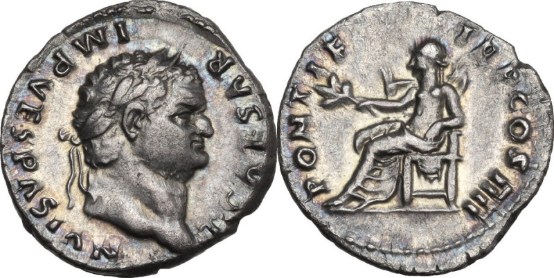 Titus as Caesar (69-79). AR Denarius, 75 AD. Obv. T CAESAR IMP VESPASIAN. Laurea...