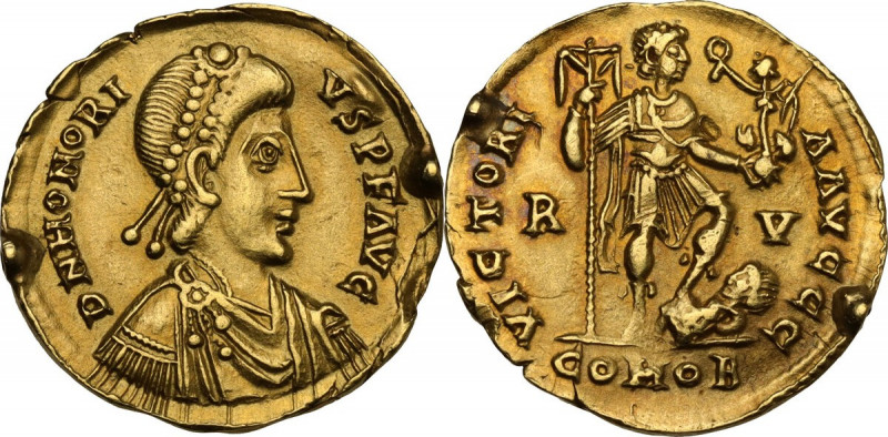 Honorius (393-423). AV Solidus, Ravenna mint. Obv. DN HONORIVS PF AVG. Pearl-dia...