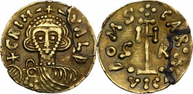 The Lombards at Beneventum. Grimoald III, with Charlemagne, king of the Franks (788-806). AV Tremissis. Obv. + GRIM - - VALD. Crowned, draped and cuir...