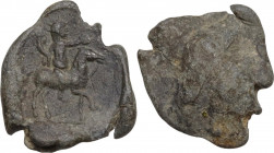 Leads from Ancient World. Roman lead Seal, 3rd-4th centuries AD. Obv. Radiate male figure riding horse right, holding cornucopiae (?) and patera (?). ...