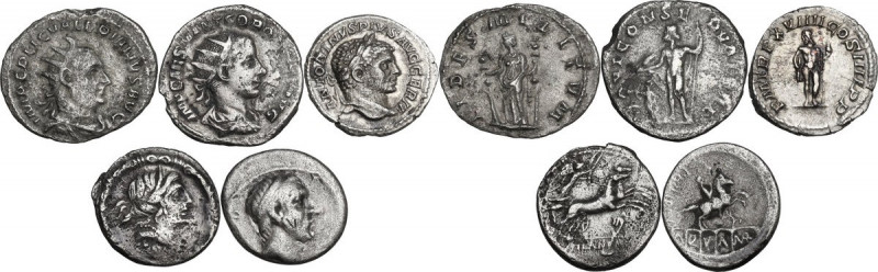 The Roman Republic to the Empire. Multiple lot of five (5) unclassified AR coins...
