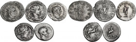 The Roman Republic to the Empire. Multiple lot of five (5) unclassified AR coins, including 2 Republican Denarii, a very pleasant Denarius of Caracall...