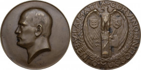 Medaglia A. VI, "La Mattia Corvino" a Benito Mussolini. Casolari VI-1. AE. 50.00 mm. Opus: L. De Kuzmick. R. SPL.