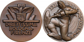 Medaglia XII Aprile 1934 A. XII per la Direttissima Bologna-Firenze. Casolari XII-21. AE. 39.00 mm. Opus: B. Boari. FDC.