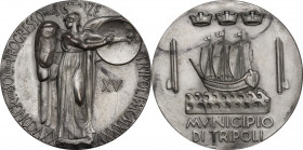Medaglia A. XV, per il XXV Congresso della Società per il Progresso delle Scienze, Tripoli 1936. Casolari -. AE argentato. 50.00 mm. R. SPL.