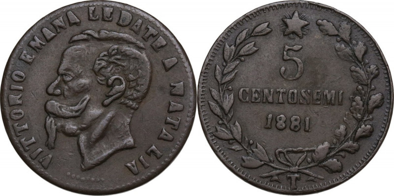 Vittorio Emanuele II (1820-1878). Gettone satirico ricavato dai 5 centesimi e al...