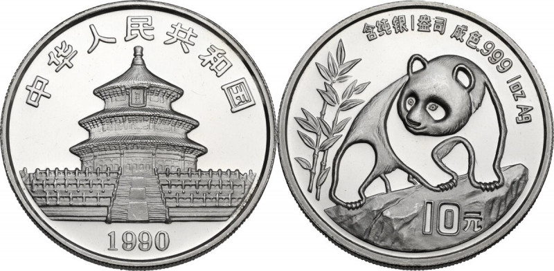 China. 10 Yuan 1990, Panda. KM 276. AR. 40.00 mm. 1oz .999 silver. PROOF.