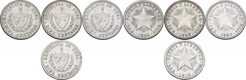 Cuba. Lot of 4 (four) AR 10 Centavos, including: 1915, 1920, 1948,1949. KM A-12....