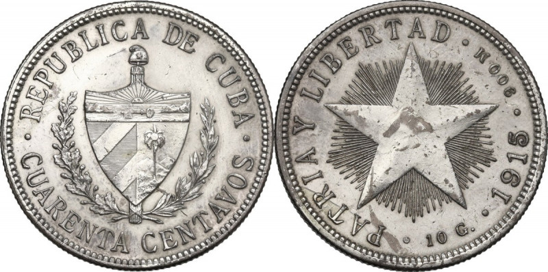 Cuba. First Republic (1902-1962). 40 centavos 1915. KM 14.3. AR. 10.00 g. 29.00 ...