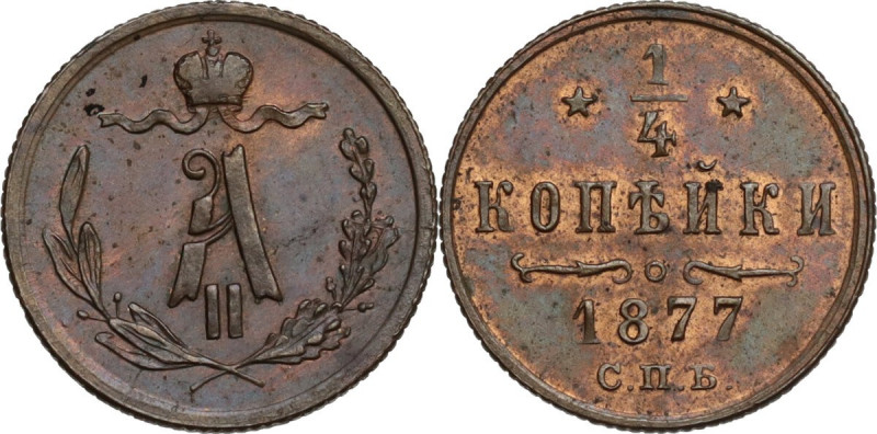Russia. Alexander II (1855-1881). 1/4 kopeck 1877. Bitkin 560. AE. 0.81 g. 13.00...