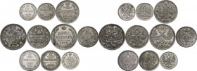 Russia. Lot of ten (10) silver coins : 20 kopecks 1913, 1915; 15 kopecks 1913, 1914; 10 kopecks 1874, 1888, 1916; 5 kopecks 1890, 1913, 1915. AR.
