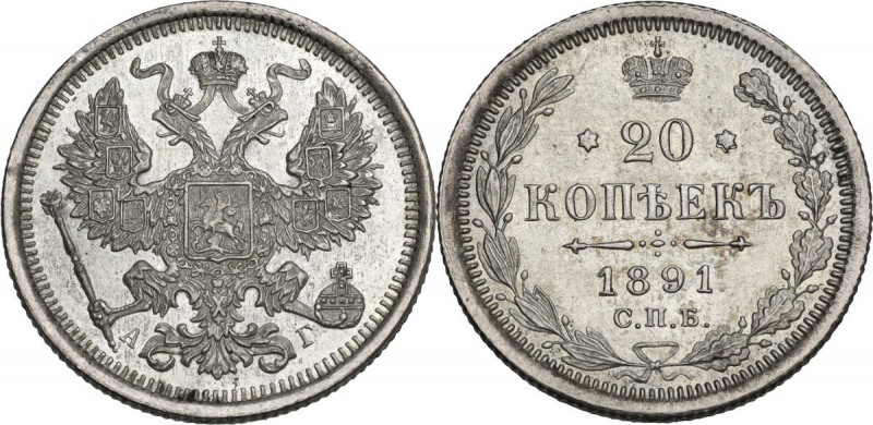 Russia. Alexander III (1881-1894). 20 kopeks 1891 ΑΓ. Bitkin 110. AR. 3.62 g. 22...