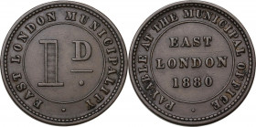 South Africa. 1 Penny Token 1880, East London Municipality. Hern 178a. AE. 5.57 g. 25.00 mm. Good VF.