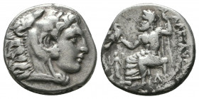 KINGS OF MACEDON. Alexander III 'the Great' (336-323 BC). Drachm. Lampsacus.
Obv: Head of Herakles right, wearing lion skin.
Rev: AΛEΞANΔPOY.
Zeus ...