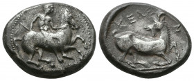 CILICIA. CELENDERIS. Stater, about 425-400 BC. AR 10.77 g. Nude youth dismounting from horse prancing r., holding rein with his r. hand, whip in his l...
