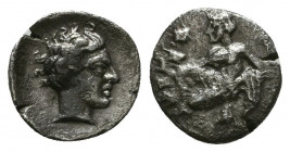 CILICIA, Tarsos. Circa 370 BC. AR Obol. Female kneeling left, casting astragaloi / Youthful male head right. 

Condition: Very Fine

Weight: 0.4 gr
Di...