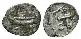 Sidon. Uncertain king (ca. 450-435 BC). AR. Phoenician galley sailing left before city walls with four towers; in exergue, two lions / Persian king st...