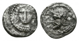 UNCERTAIN CILICIA. Possibly Tarsos. Datames. 378-372 B.C. AR obol. .71 gm. 10 mm. Bust of the nymph Arethusa(?) facing slightly left / Bearded male he...