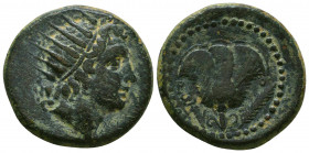 Islands off Caria. Rhodos. AE30, c. 88 BC.
Obv. Radiate head of Helios to right.
Rev. Rose; headdress of Isis to left, thunderbolt to right.

Conditio...