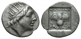 Rhodos, Caria. AR , c. 88-84 BC. Kallixeinos, magistrate.
Obv. Radiate head of Helios right.
Rev. KAΛΛIΞE, rose between P - O and kerykeion.

Conditio...