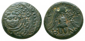 MACEDON, Kingdom of, Antigonos Gonatas (277-239 B.C.), AE 18, obv. Athena head to right with Corinthian helmet, rev. Pan advancing to right erecting t...