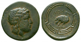 Ionia. Myous circa 400-380 BC. Bronze Æ 14mm. Laureate head of Apollo right / MYH, goose standing right within maeander pattern

Condition: Very Fine
...