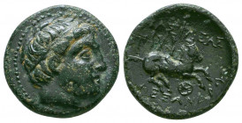 Kingdom of Macedon, Alexander III 'the Great' Æ Unit. Miletos, circa 323-319 BC. Diademed head right / BAΣIΛEΩΣ AΛΕΞΑΝΔΡΟΥ, horseman riding right; lab...