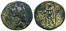 PHRYGIA, Synnada. Circa 133-1st century BC. Æ . Menestratos, magistrate. Turreted and draped bust of Tyche right / Zeus standing left, holding thunder...