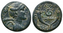 PHRYGIA, Philomelion. Late 2nd-1st centuries BC. Æ 22mm (8.31 g, 1h). Draped bust of Nike right, palm over shoulder / Double cornucopiae, each bound w...