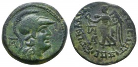 Cilicia, Seleukeia ad Calycadnum Æ . Pseudo-autonomous issue, mid-1st century BC. Helmeted and draped bust of Athena to right; monogram to left / ΣEΛE...