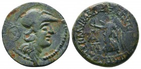 Cilicia, Seleukeia ad Calycadnum Æ . Pseudo-autonomous issue, mid-1st century BC. Helmeted and draped bust of Athena to right; monogram to left / ΣEΛE...