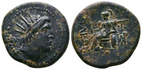 CILICIA, Soloi-Pompeiopolis. Circa 2nd-1st Century BC. Æ . Radiate head of Helios right / Athena seated left, holding Nike and leaning on shield.

C...