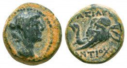 Seleukid Kingdom. Antiochos IV Epiphanes. 175-164 B.C. AE . Ake-Ptolemaïs mint, Struck 175-ca.173/2 B.C. Diademed, veiled and draped bust of Laodike I...