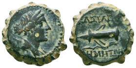 Seleukid Kingdom. Demetrios I Soter. 162-150 B.C. Serrate AE (19 mm, 9.83 g, 12 h). Antioch mint. Draped bust of Artemis right, bow and quiver over sh...