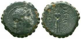 SELEUKID KINGDOM. Demetrios I Soter (162-150 BC). Serrate Ae. Antioch on the Orontes.
Obv: Laureate head of Apollo right, with bow and quiver over sho...