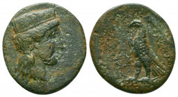 EGYPT, Ptolemaic Kings. Ptolemy I . 323-283 BC. Æ . Paphos mint. Struck 310-306 BC. Head of Aphrodite right, wearing ornamented stephane and earring /...